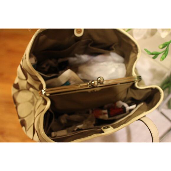 COACH SIGNATURE STRIPE FRAMED PURPLE CARRYALL SATCHEL BAG PURSE #F13533 (p170 - Picture 8 of 10